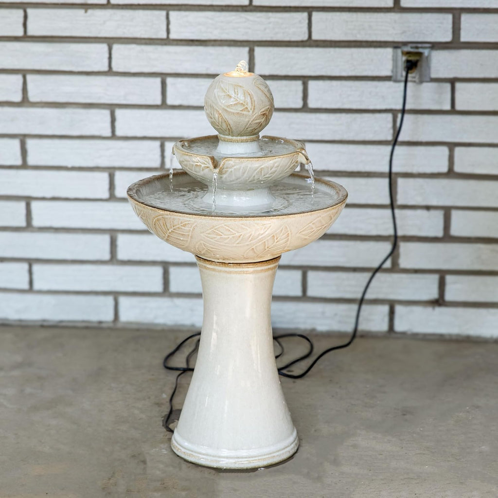 Gentle Glow 26.5" H 2-Tier Ceramic Outdoor Fountain with LED Light - Tiered Water Feature with Electric Pump - Off-White