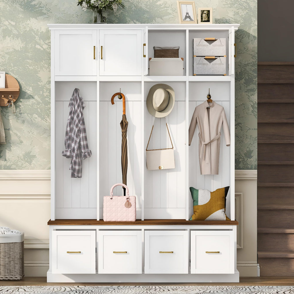 Farmhouse Entryway Hall Tree with Coat Hooks and Storage (Ancient White-CD, Rectangular)