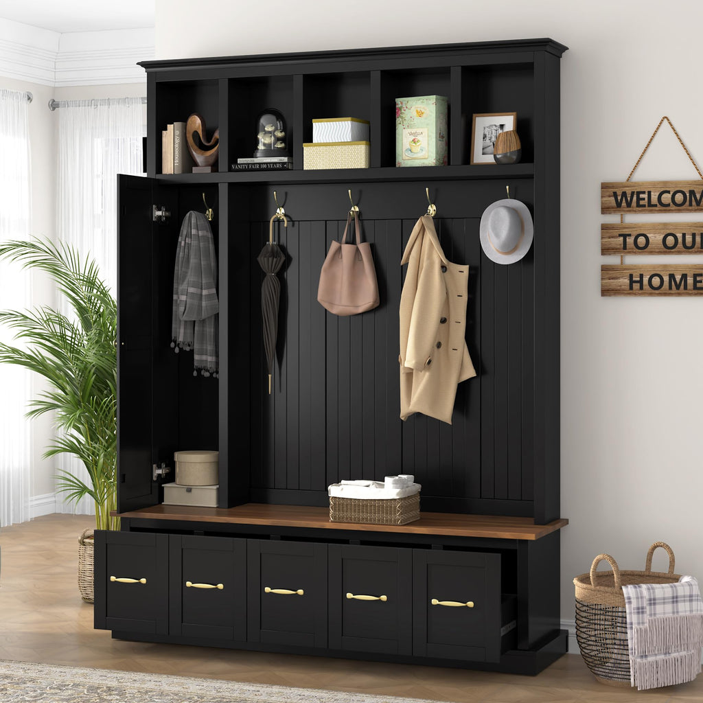 Hall Tree Wood Entryway Coat Rack with Shoe Bench, Hooks and Drawers (Antique Black)