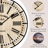Rustic Farmhouse Wall Clock 24 Inch, Vintage Oldtown London Wooden Large Clock with Silent Tick, for Bedroom, Office