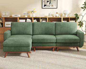 97" L-Shape Modular Sofa, 3-Seat Corduroy Couch with Movable Ottoman, Sectional Sofa, Green