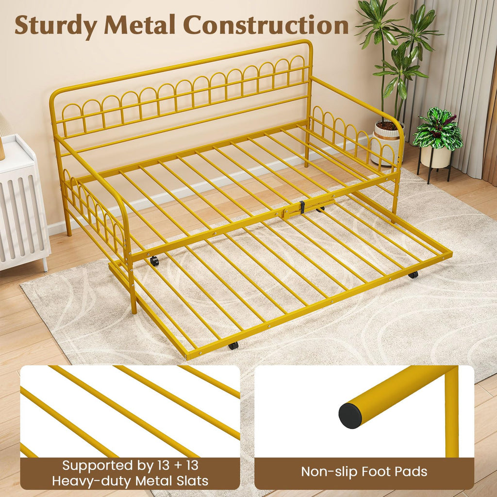 Twin Daybed with Trundle Gold, Metal Day Bed with Convenient Pull-Out Trundle Bed, Metal Slats, Lockable Universal