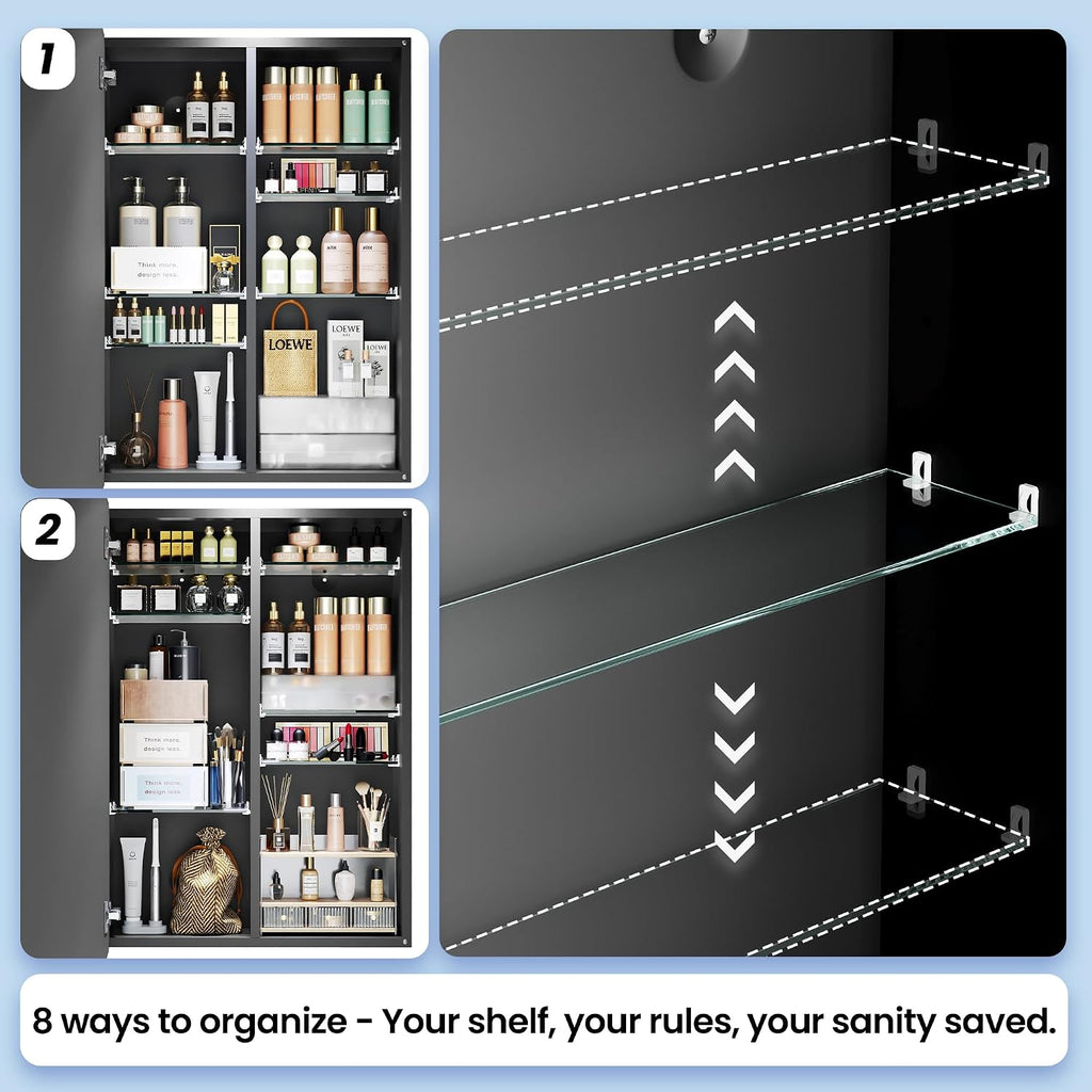 Medicine Cabinet 20x30 Inch, Bathroom Wall Mirror Cabinet with Storage, 6-Tier Adjustable Glass Shelving, Waterproof