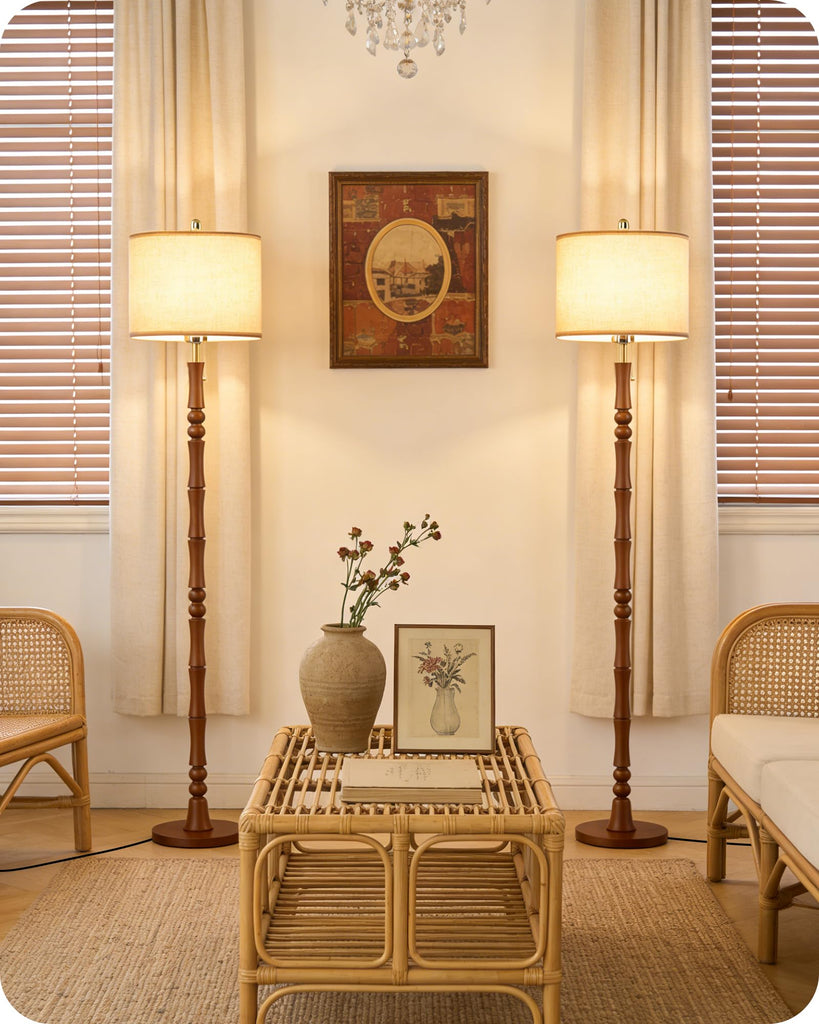 65" Vintage Wood Floor Lamp with Pull Chain, 3CCT, Walnut