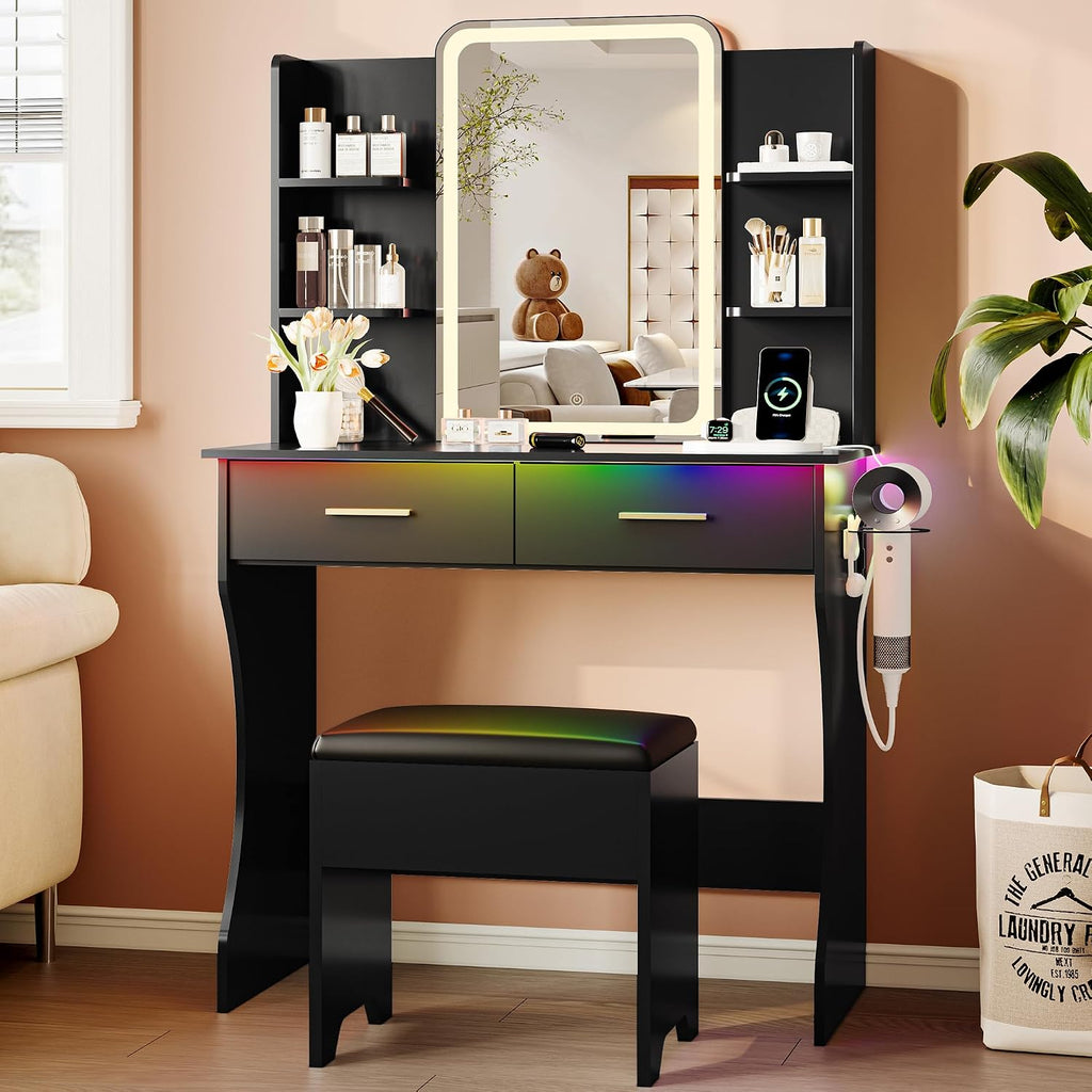 Vanity Desk with LED Lights Mirror & Power Outlet, Small Makeup Vanity Table Set with Storage Drawers & Chair, 3