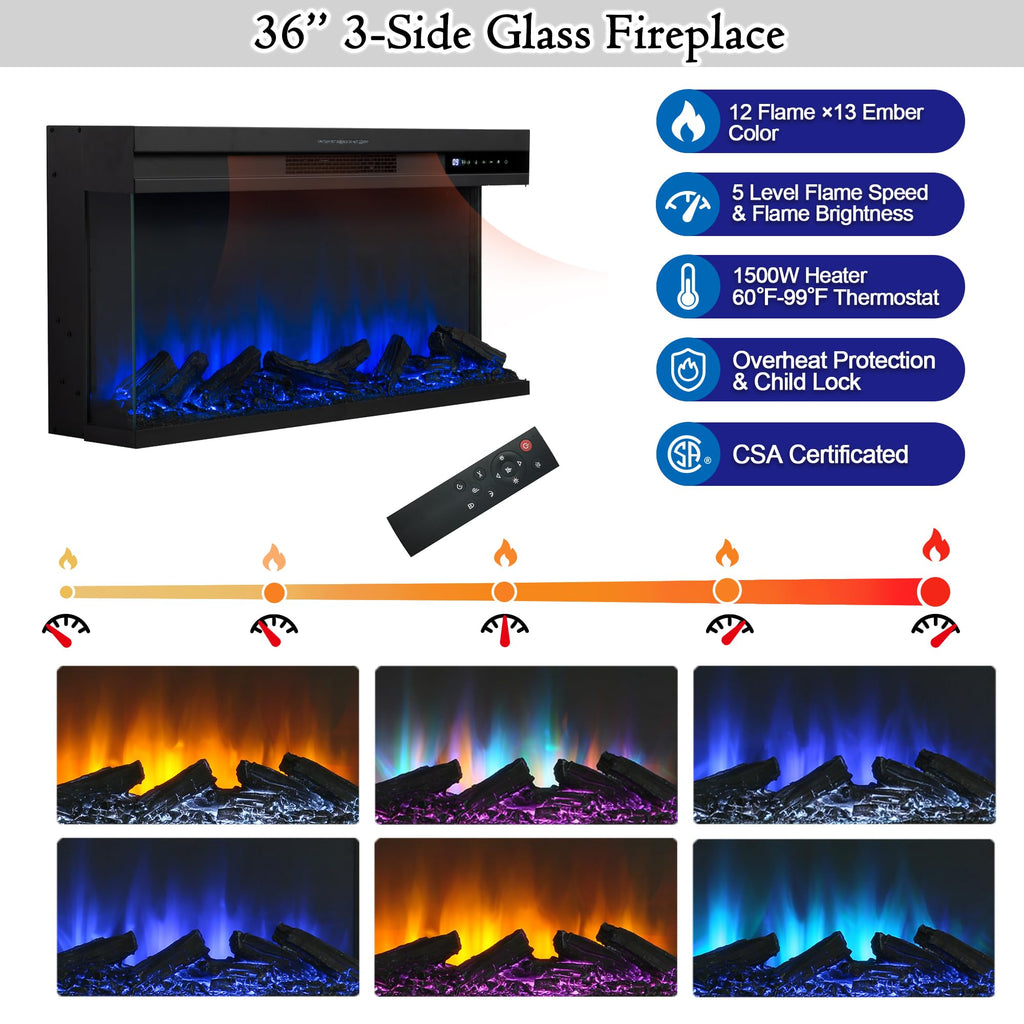 3-Side for up to 80 Inch TV, LED Entertainment Center with 36 Inch Electric Fireplace, Farmhouse TV Console Table