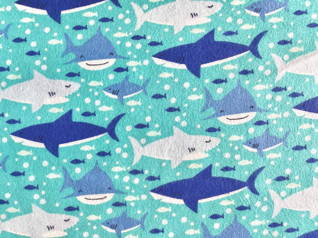 Blue Swimming Sharks on Turquoise Comfy Cotton Flannel Fabric by the Yard