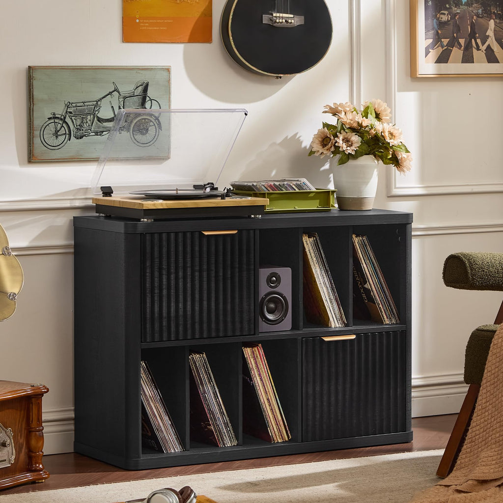 Large Record Player Stand with Vinyl Storage Up to 450 Albums, Wood Fluted Boho Record Storage Accent Cabinet, Modern
