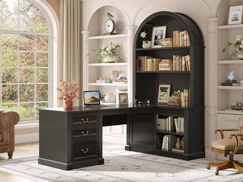 67" L Shaped Desk with Tall Arched Bookshelf, Mid-Century Office Computer Desk with 3 Drawers and Storage Shelves