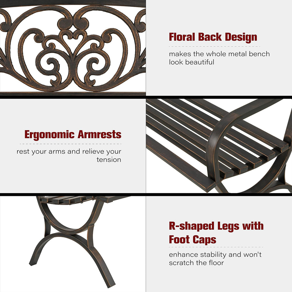 Metal Outdoor Bench Classic Floral Pattern, 50" Bronze | Cast Iron Metal Garden Benches for Outdoors, Front Porch