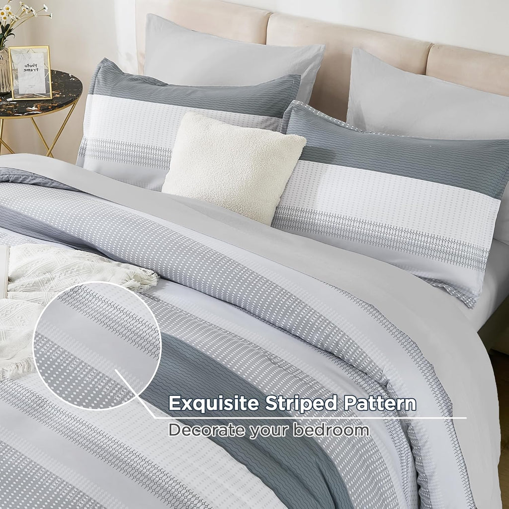 King Comforter Set 7 Pieces - Light Grey Striped Lightweight Bed in a Bag