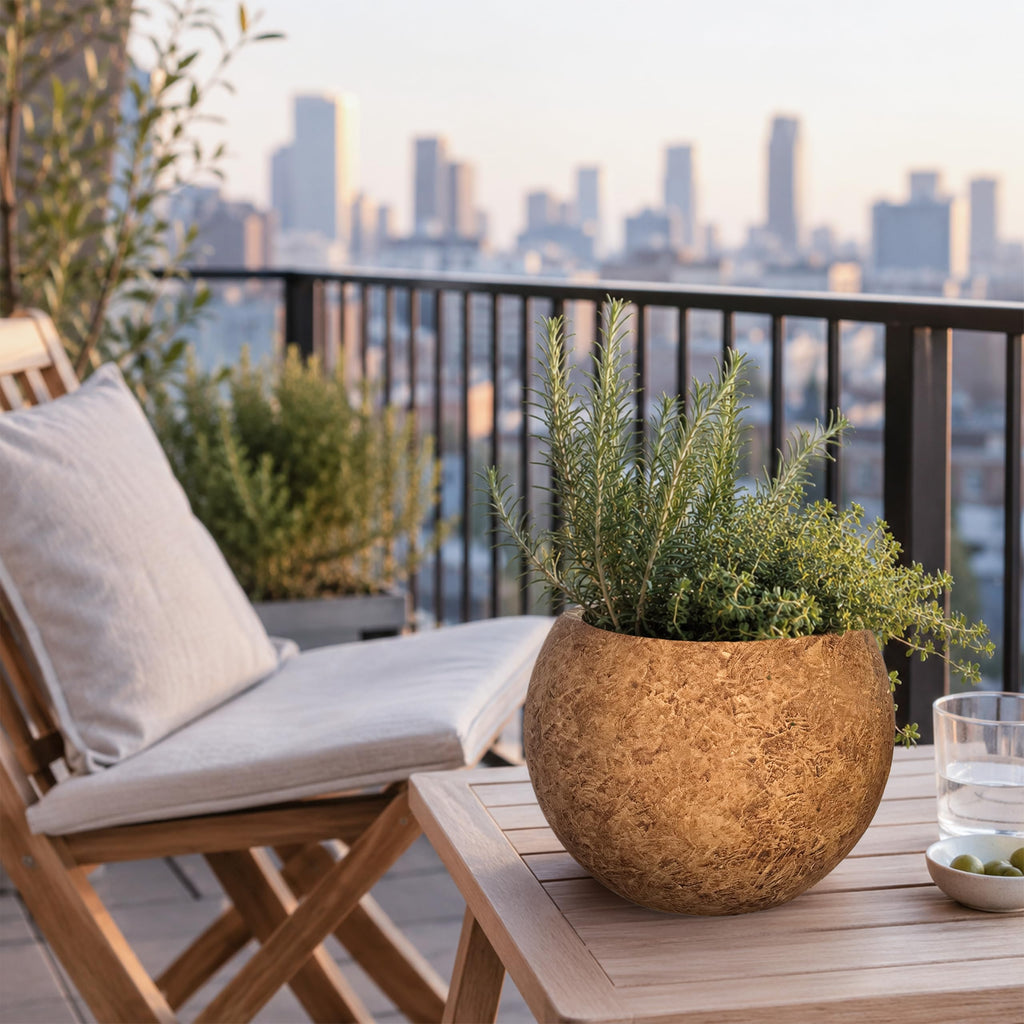 10" H x 14"Dia Brown Fiberstone Planter Pot with Drainage Hole, Large Round Handcrafted Decorative Flower Pot for