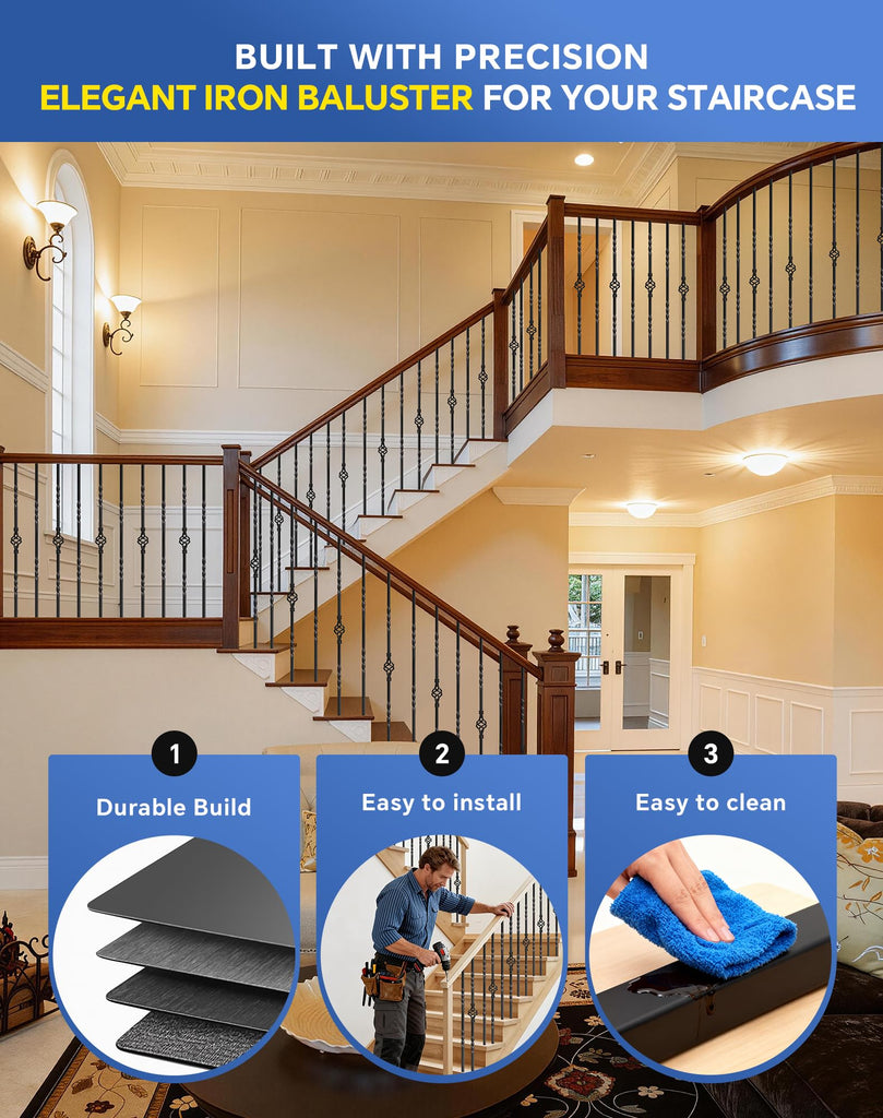 14 Pack Wrought Iron Balusters for Staircase Interior, 44" Black Metal Stair Spindles Balusters for Stairs Banister