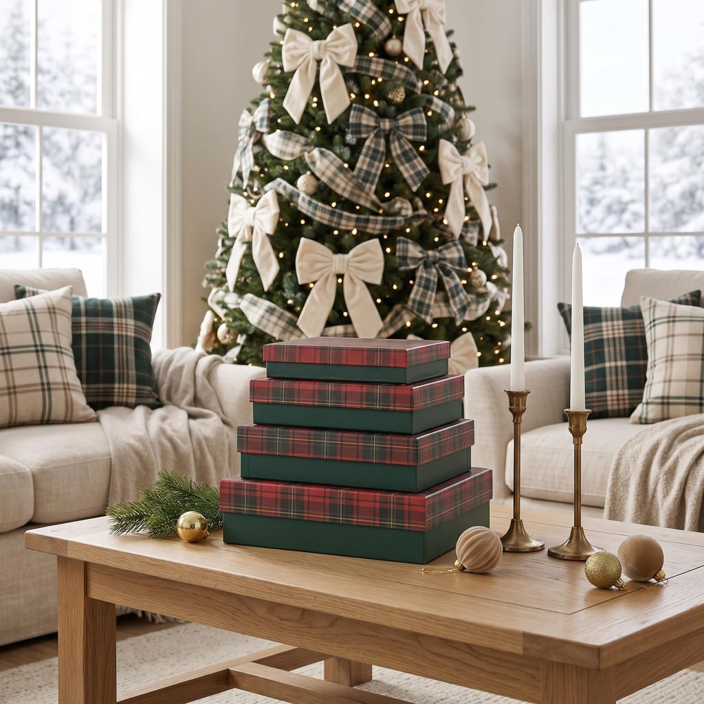 Plaid Christmas Gift Boxes with Lids, Set of 4, Holiday Boxes