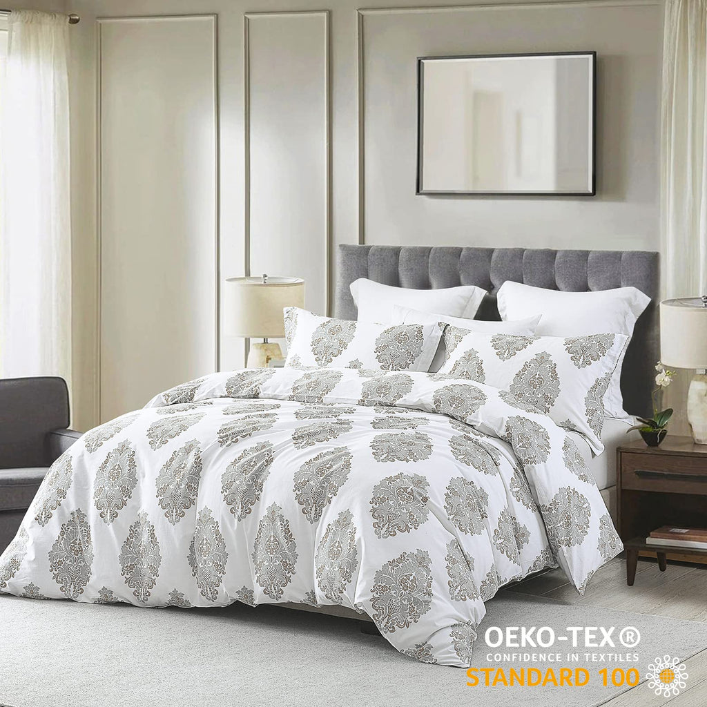 Damask Duvet Cover Set Queen Size, White Gray Paisley, 100% Cotton