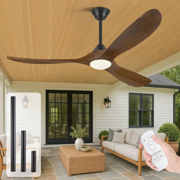 Inspired Maverick Style 60 Inch Wood Farmhouse Ceiling Fan with Lights and Remote, 3 Propeller Solid Walnut Blades
