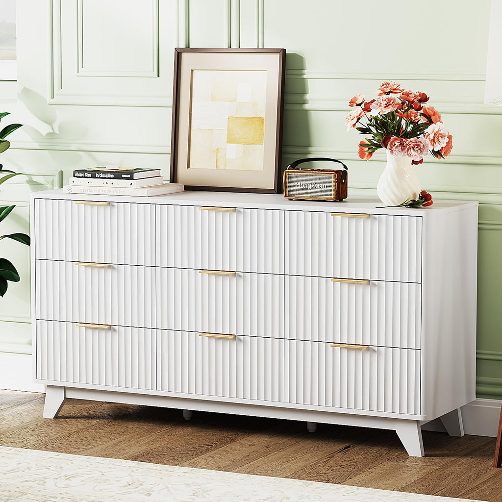 9 Drawer Dresser White Fluted Dresser with Rounded Edges, 57" Long Wood Dressers White and Gold, 57" W*15.75"
