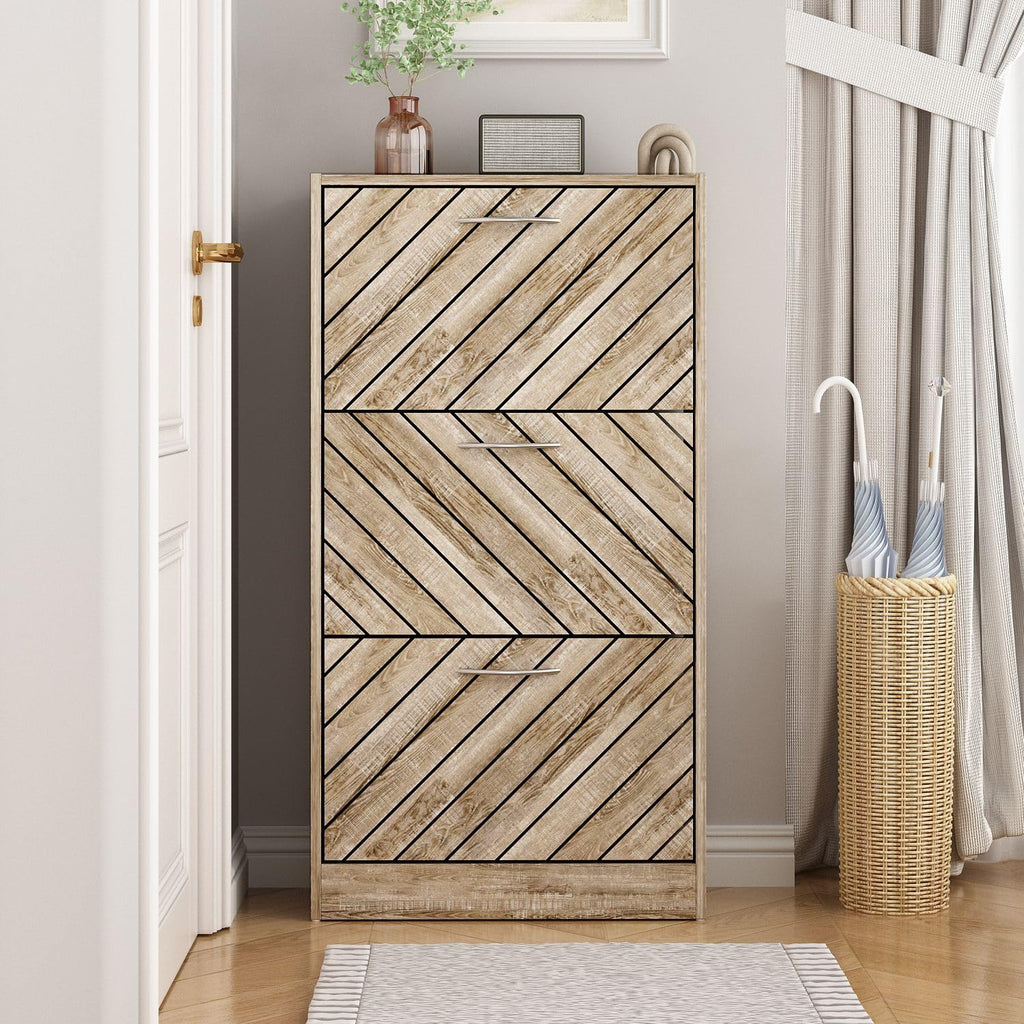Small Shoe Cabinet with 3 Flip Drawers, Slanted Surface, Light Brown