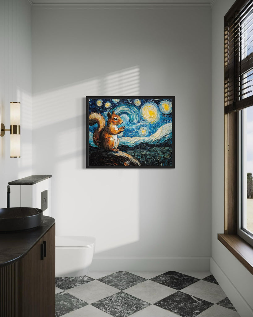 Squirrel Black Framed Art Print Poster, Animal Van Gogh Starry Night Nature Theme Wall art Painting Decor, Art Home