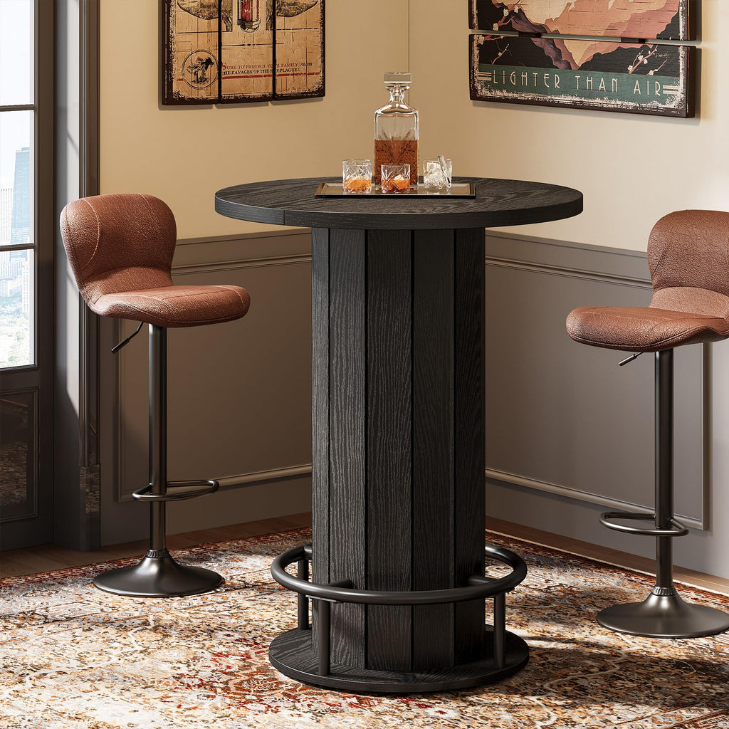 Round Bar Table, 39.4" H Wood Bistro Pub Table with Metal Ring Footrest for Dining Coffee Cocktail Living Room, Small