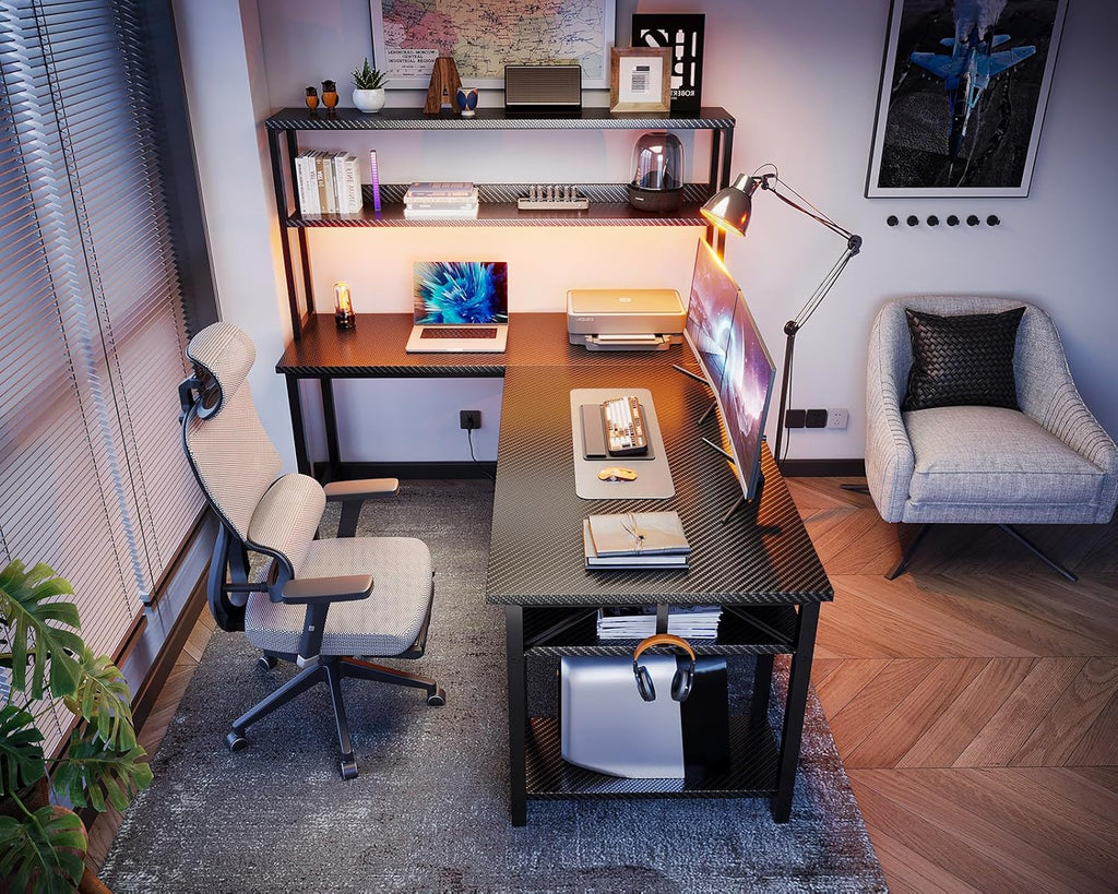 53 Inch L Shaped Gaming Desk with Hutch & Headphone Hook | Black Corner Computer Table with LED light & Storage