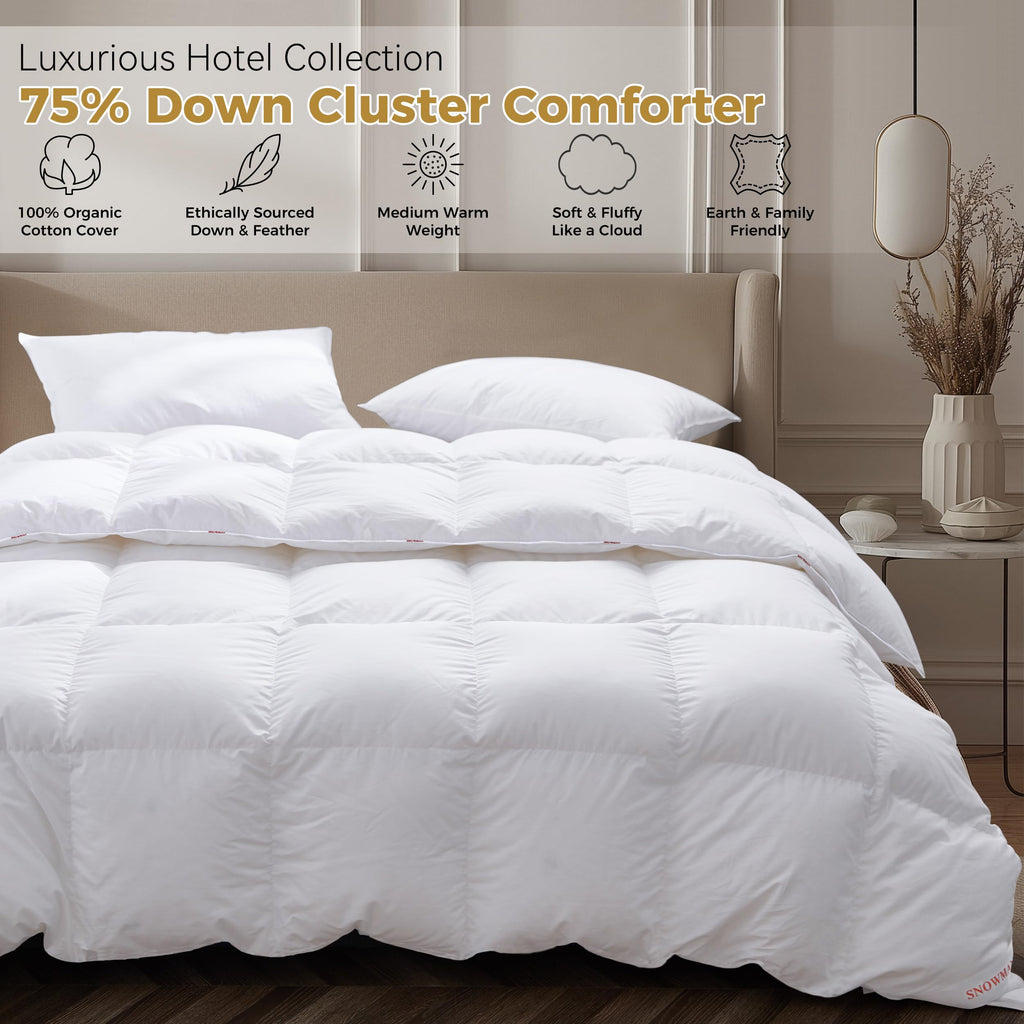 75% Premium Down Comforter King Size, 100% Organic Cotton Fabric Duvet Insert, 750+ Fill Power Hotel Style