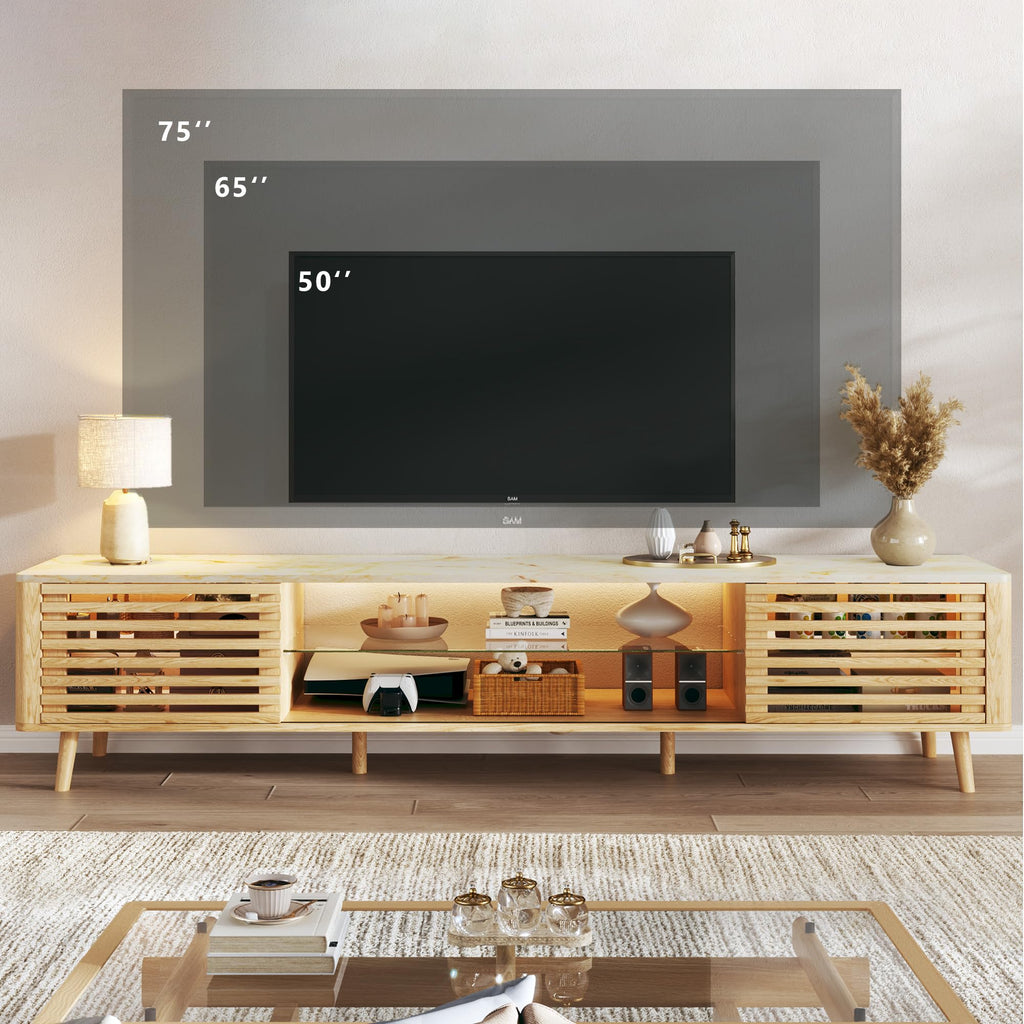70" TV Stand for 55/65/75 Inch TV, Faux Marble Top Entertainment Center with Slatied Sliding Door & LED Lights, Mid