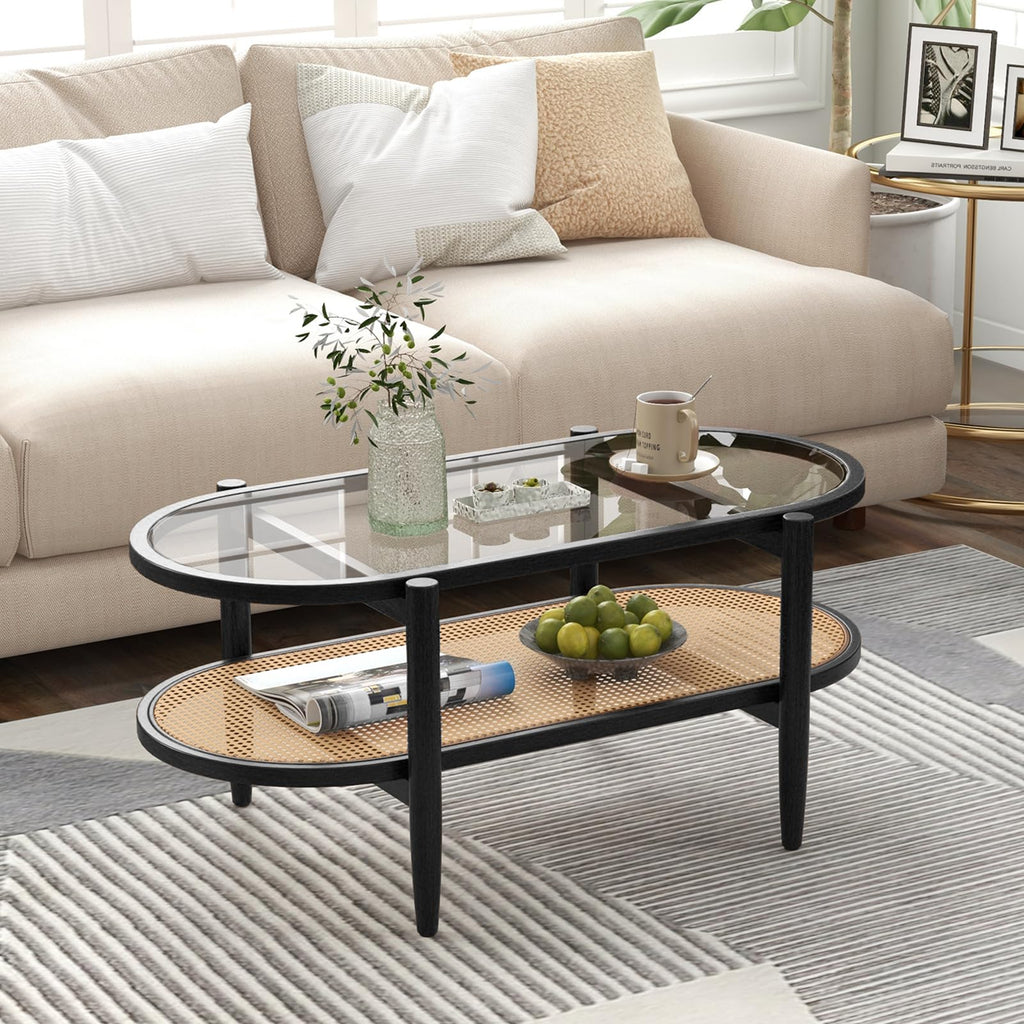 Oval 2-Tier Rattan Coffee Table with Curved Wood Frame (Black)