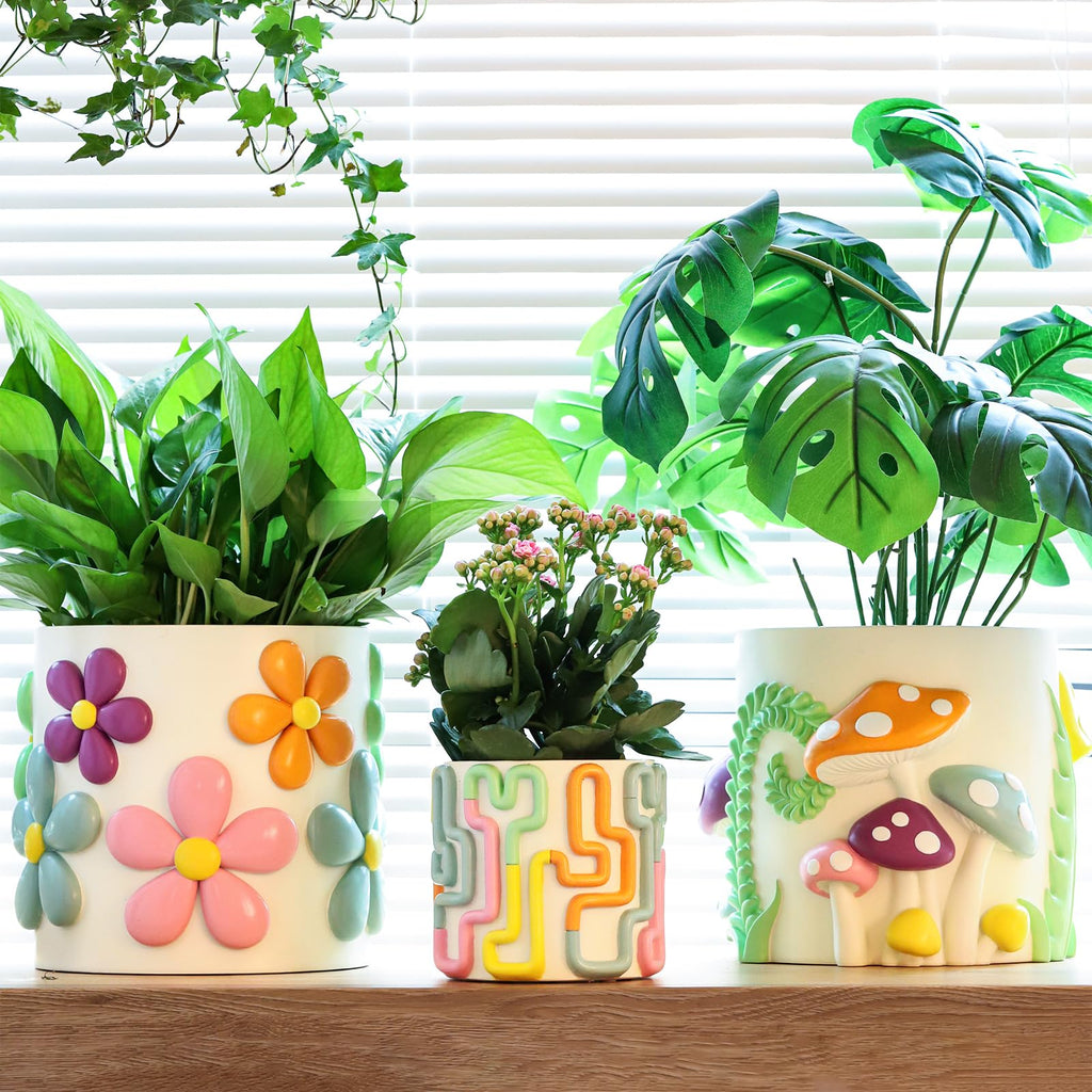 8 Inch Pastel Lines Planters, Cute Unique Rainbow Planter with Drainage, Vintage Retro Eclectic Flower Plant pots for