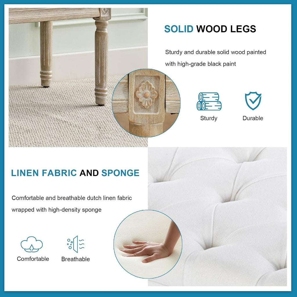 58'' Linen End of Bed Bench King Size, White | Vintage, Upholstered, Button-Tufted, Carved Wood Legs