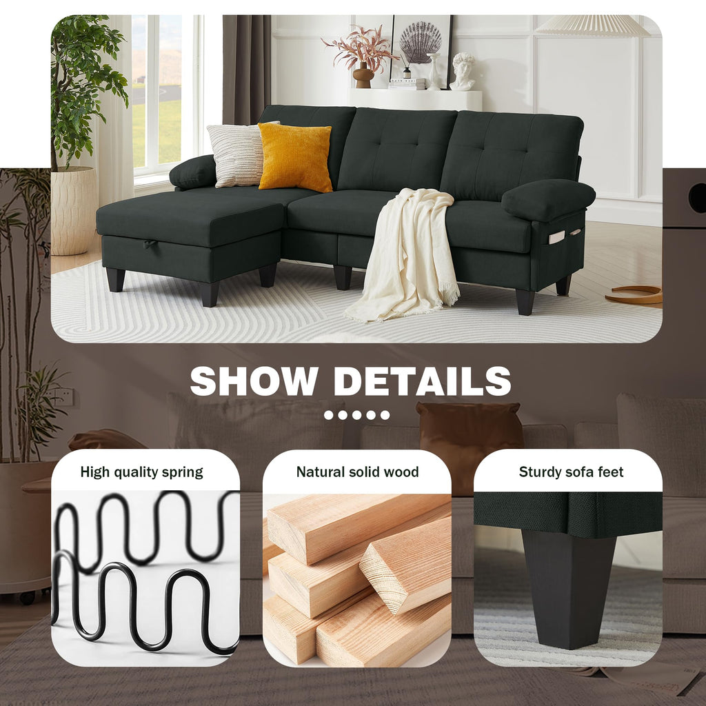 84" Convertible Sectional Sofa, Modern Linen Fabric Small L Shaped Couch with Reversible Chaise, 3-Seat Sofa Couches