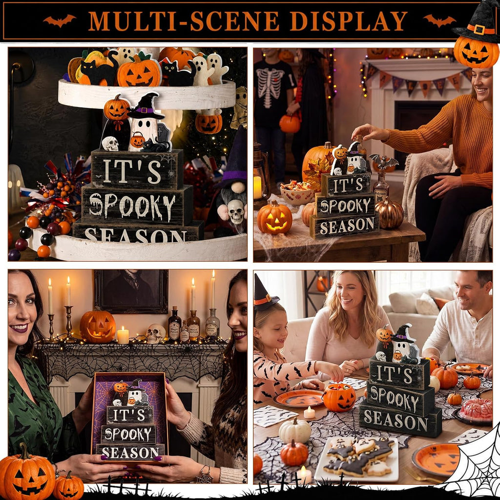 Halloween Table Decor Pumpkin Ghost Wood Stacked Block Decor - Set of 4