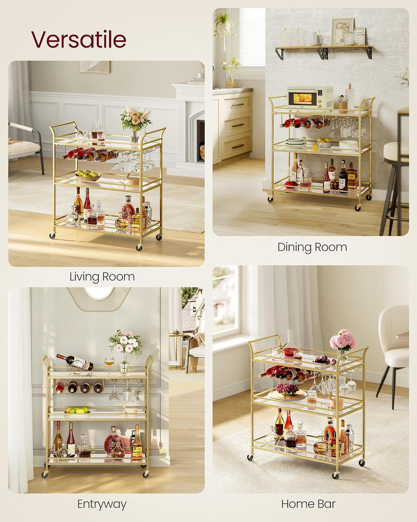 Bar Cart Gold, Large Home Bar Serving Cart with 3-Tier Mirrored Shelf, Wine Holders, Glass Holders, Kitchen, 15 x