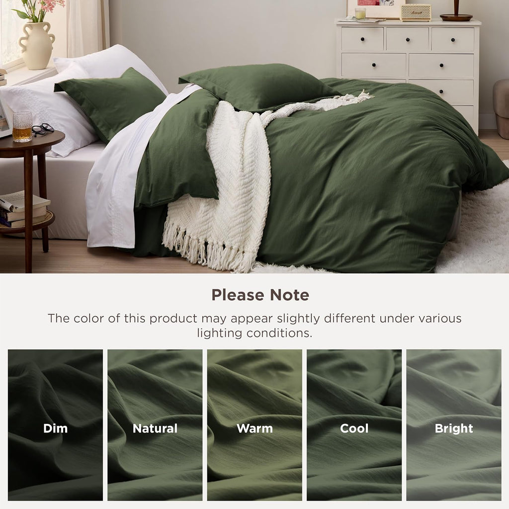 Olive Green Duvet Cover King - 3 Pieces Prewashed Cotton-Like Polyester Extra Soft Bedding Set, Includes 1 Duvet