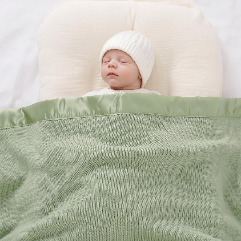 Cotton Baby Blanket with Satin Trim, Light Green, 31.5x40 inches