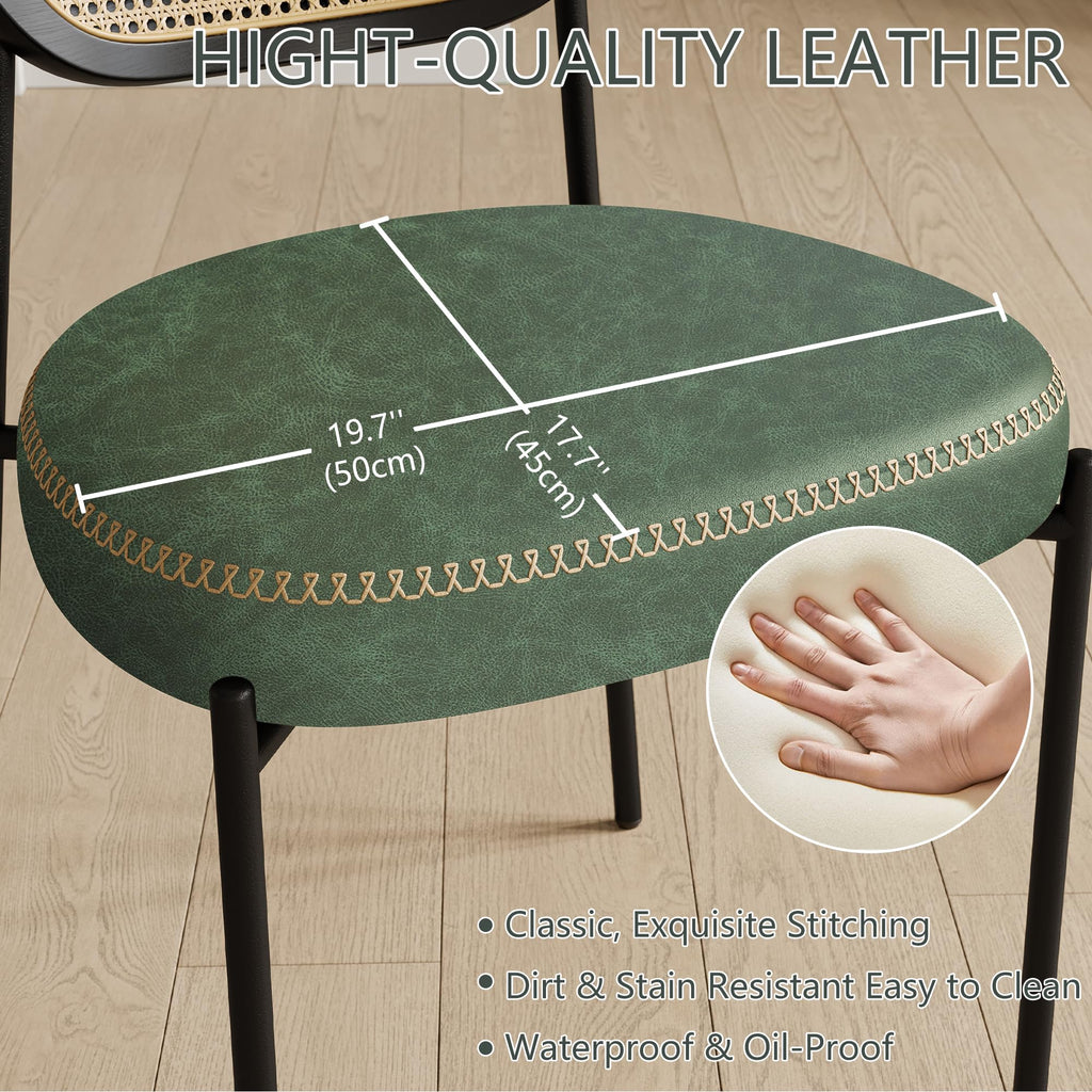 Rattan Dining Chairs Set of 6, Green Leather Upholstered Dining Chairs with Rattan Cane Back, Mid Century Modern