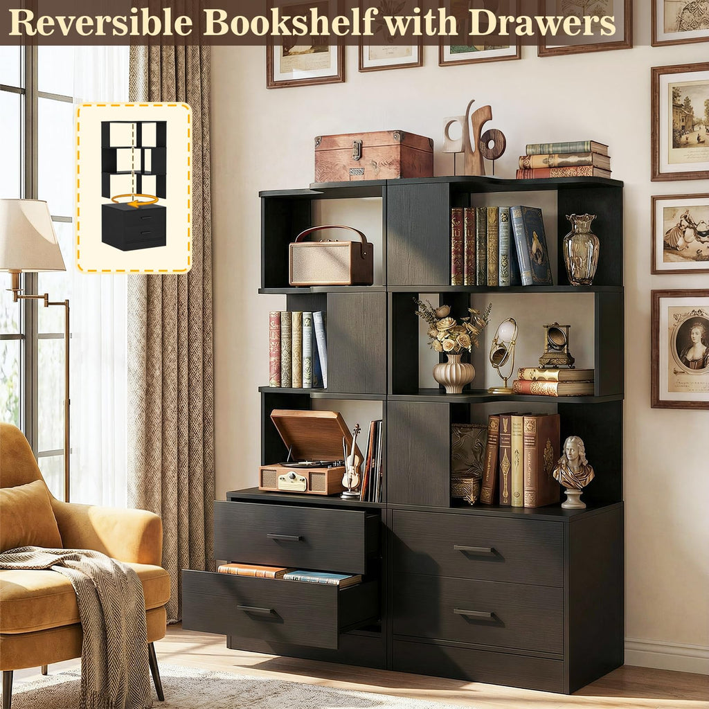 Corner Bookshelf with Drawers, Small Corner Shelf with Drawers