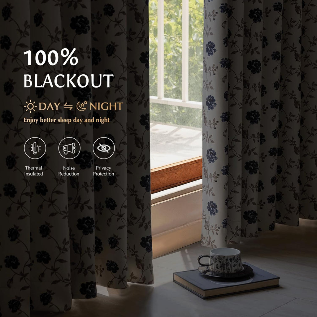 Floral 100% Blackout Curtains 84 Inches Long 2 Panels for Bedroom Living Room Blue Brown on Beige Vintage Rose Flower