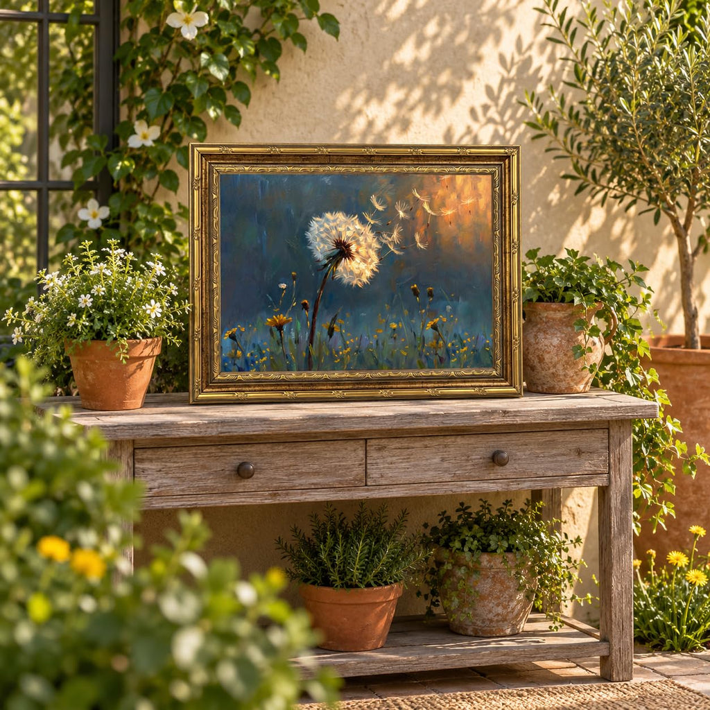 Vintage Gold Framed Dandelion Wall Art, Rustic Nature Canvas Print, Dandelion in Sunset Field Wall Decor, Vintage