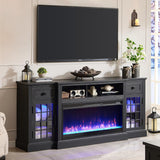 80 Inch Farmhouse Fireplace TV Stand for TVs, Entertainment Center with 36 Inch Electric Fireplace, LED Lights, Storage Drawers and Cabinets, Black