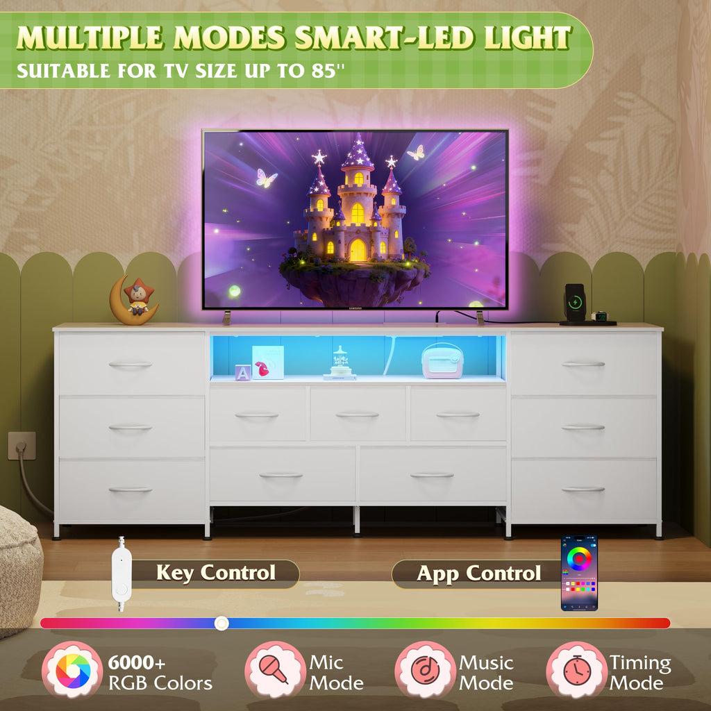 LED Long Dresser TV Stand for 85 Inch TV, S/M/L 11 Drawers, White