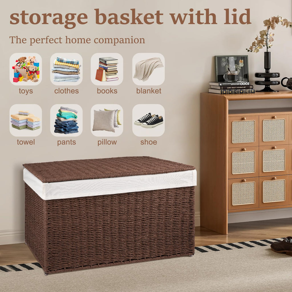 Storage Basket with Lid, 27.7 Gallon (105L) Blanket Basket with Removable Separated Liner Bag, Paper Rope Hamper with