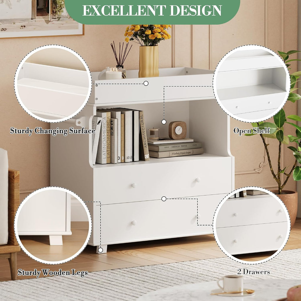 Baby Changing Table with Drawer and Storage Shelves | Heavy Duty Diaper Station , White Wooden Changing Table with