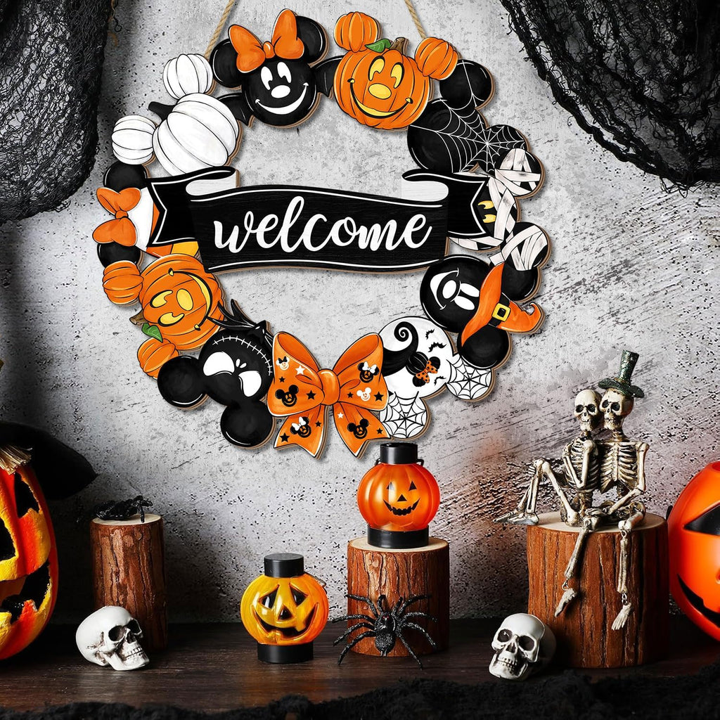 Halloween Mouse Wreath Door Decorations Welcome Hanging Sign, Happy Halloween Front Door Hanger Decor, Cute Wooden