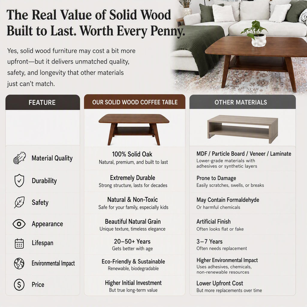 100% Solid Wood Coffee Table, 39.37" Mid Century Modern Tables with Shelf Storage, 2-Tier Coffee Table with Rounded