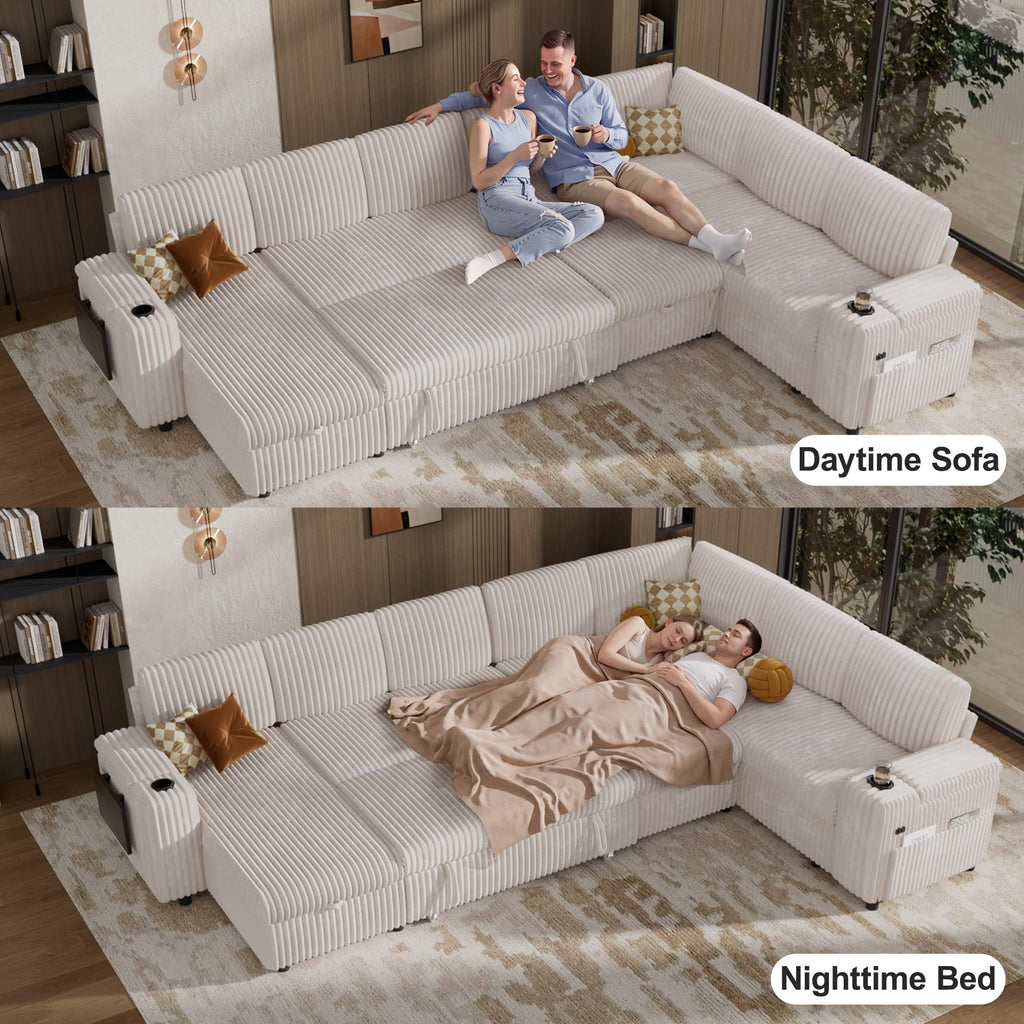 130" Modular Sectional Sleeper Sofa with Pull Out Bed, 9 Seat Corduroy L Shaped Couch with Ottoman and Chaise|USB