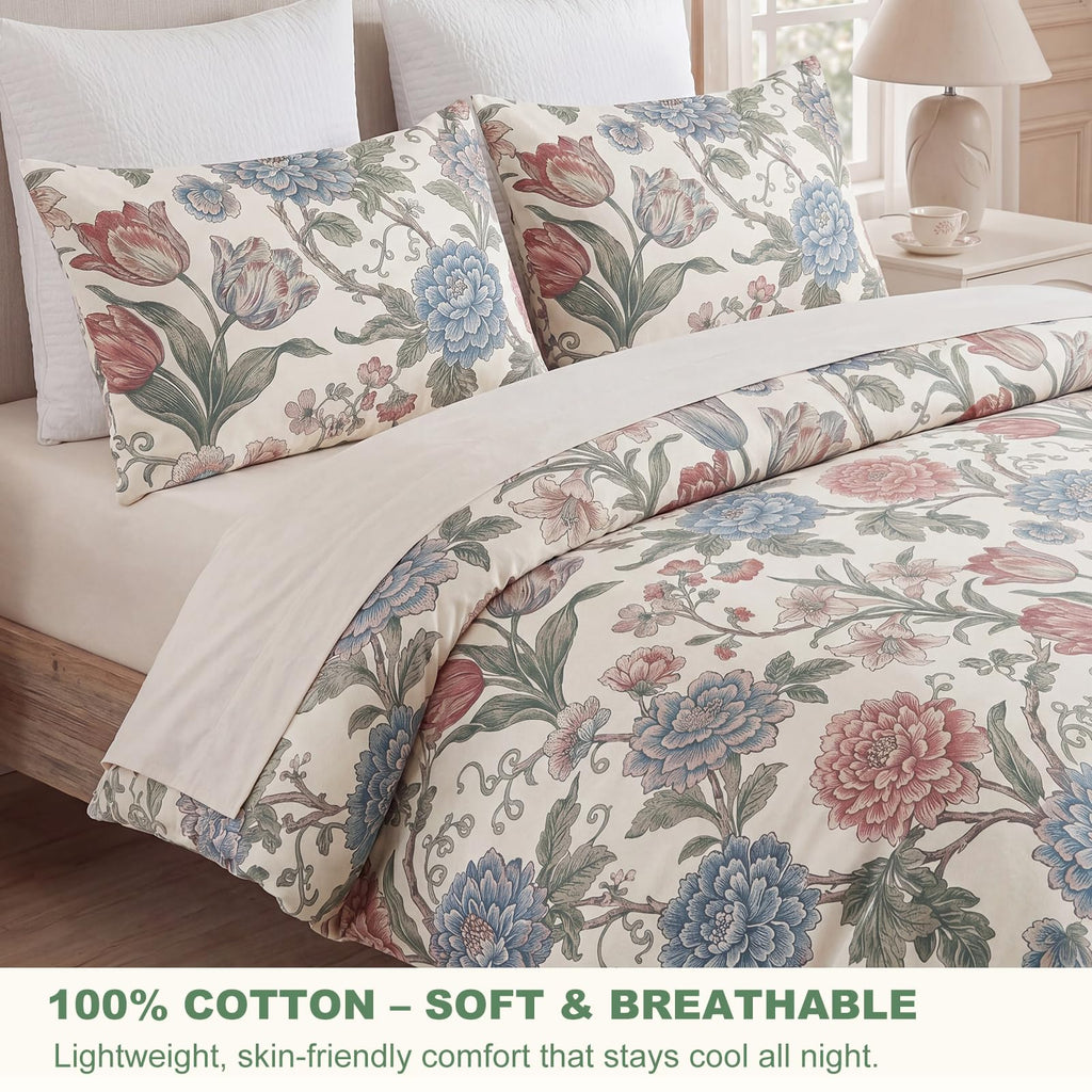 100% Cotton Duvet Cover Set, Digital Printed Vintage Floral Botanical Duvet Cover with Zipper Closure & 8