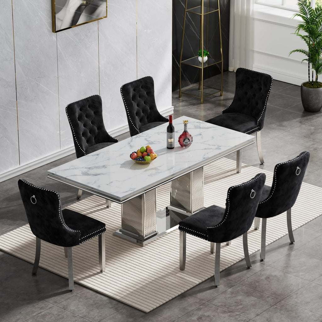 Marble Dining Table for 6-8 Modern Kitchen Table with Silver Stainless Steel Double Column Pedestal Luxury 70""
