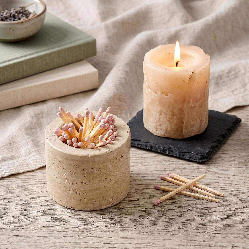 Natural Travertine Marble Match Holder with Striker,2.5" X 2" - Set of 2