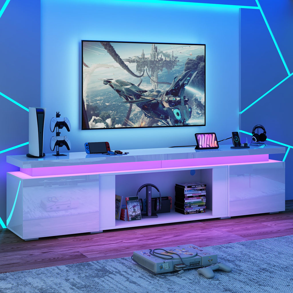 71Inch LED TV Stand for 80Inch TV, Modern TV Stand with Power Outlet, High Gloss TV Console Entertainment Center with